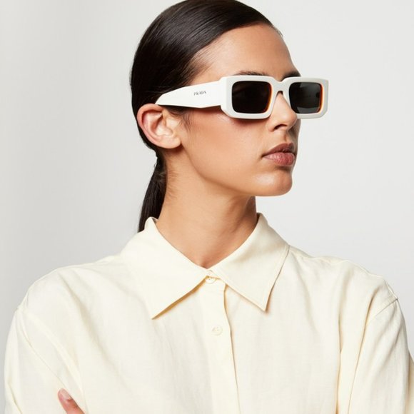 NEW Prada PR06YS 17M5S0 Talc Orange Dark Grey Rectangle Unisex Sunglasses - Picture 11 of 11